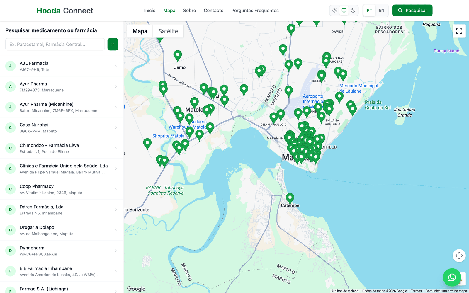 Mapa de farmácias do Hooda Connect, com a lista alfabética de farmácias à esquerda e os marcadores sobre Maputo e a Matola.
