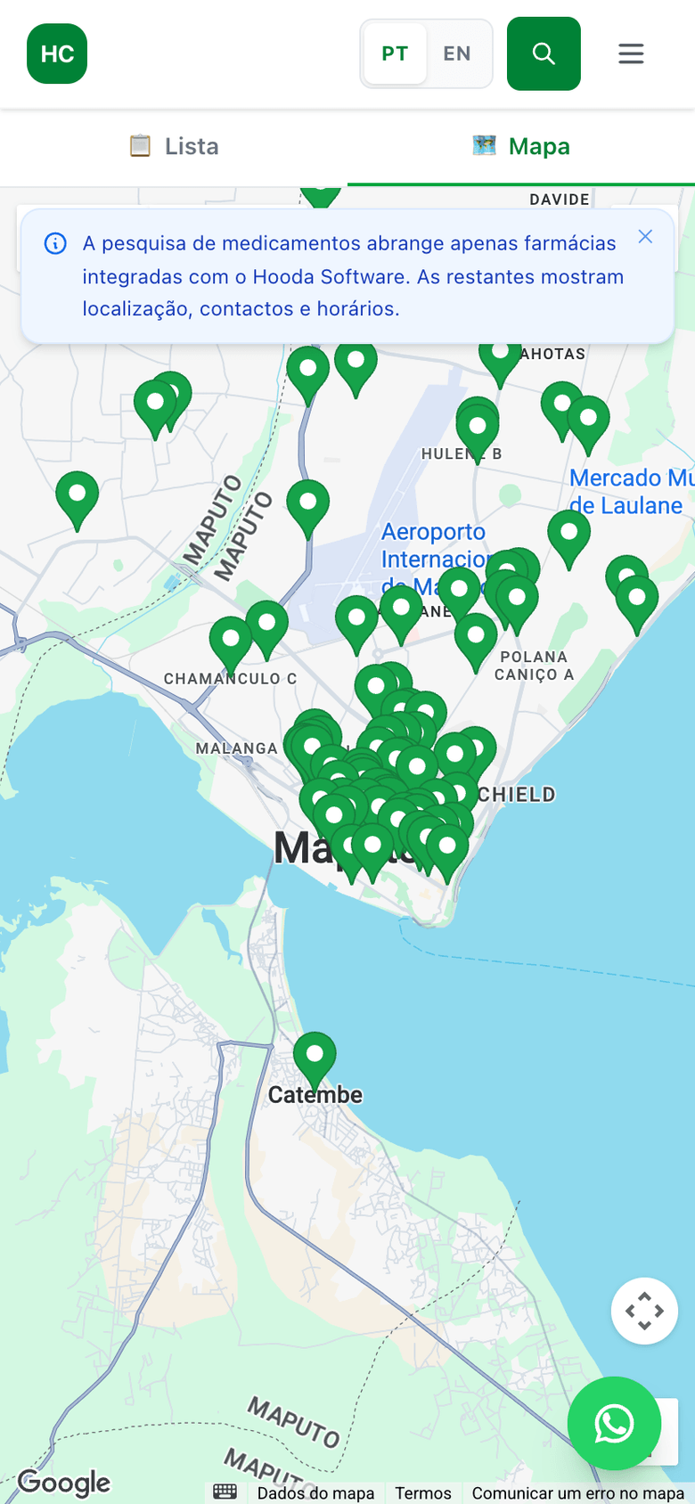 Mapa de farmácias do Hooda Connect no telemóvel, com os marcadores das farmácias da região de Maputo.