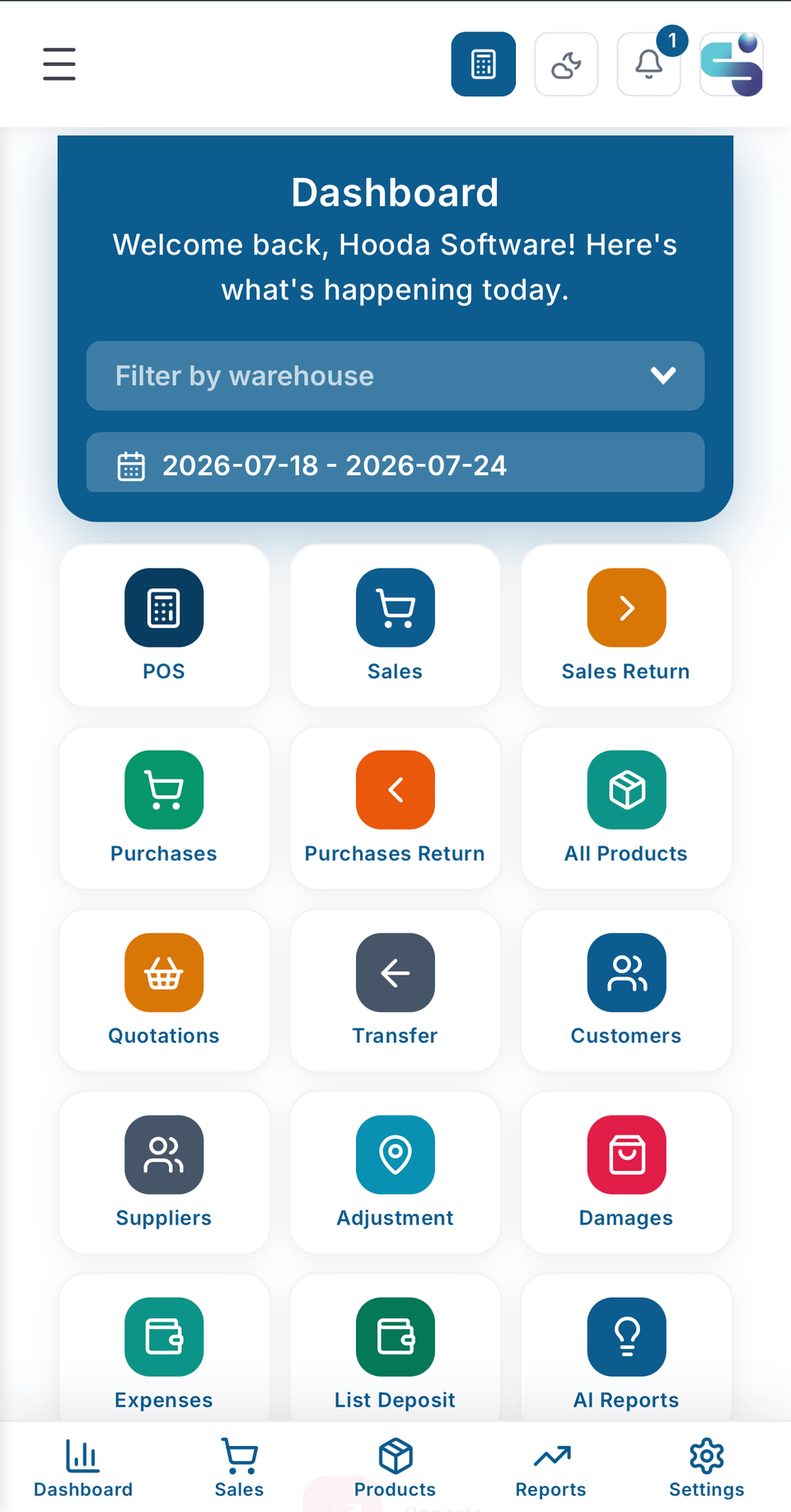 Ecrã de telemóvel do Hooda Software com o painel principal e atalhos para POS, vendas, compras e relatórios.
