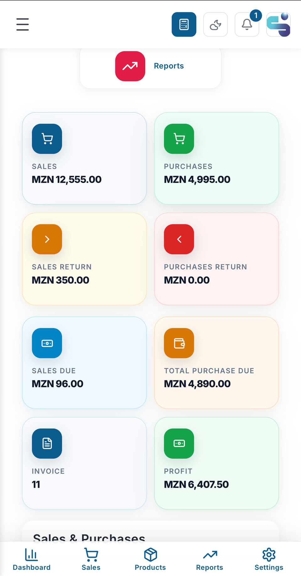Ecrã de telemóvel do Hooda Software com vendas, compras, devoluções, facturas e lucro do período.